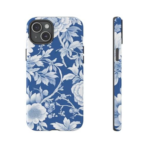 Coque iPhone 15 Plus motif floral bleu et blanc coque rigide brillante protection