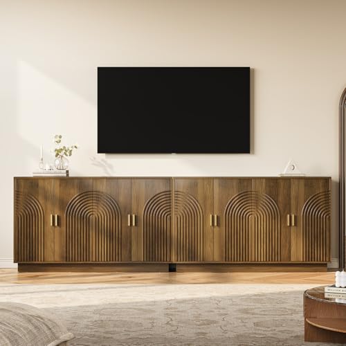Fluted Sideboard Buffet Cabinet with Storage - 57" Credenza Coffee Bar Cabinet with 4 Doors, Accent Kitchen Storage Cabinets with Adjustable Shelves for Living Room & Kitchen, Entryway, Walnut - Image 4
