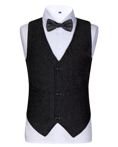 Image of Retro Boys Tweed Vest for Kids Formal Dress Herringbone Suit Vest for Toddler Boy Wedding Waistcoat