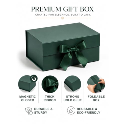 Image of Kura by Ekhasa Foldable Large Multipurpose Gift Hamper Box (21.5 x 21 x 9.5 cm) with Magnetic Closure & Ribbon | Green Rigid Cardboard Empty Reusable Packing Box | Birthday, Wedding & Festive Gifting