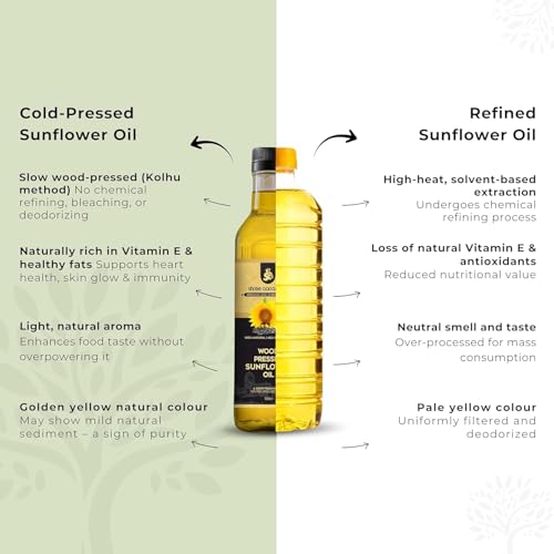 Image of Shree Aanantam Wood Cold Pressed Sunflower Oil - 1L | Glass Bottle | Kolhu /Chekku | Extracted on Wooden Churner | Natural | Chemical-Free | Cold Pressed Sunflower Oil for Cooking