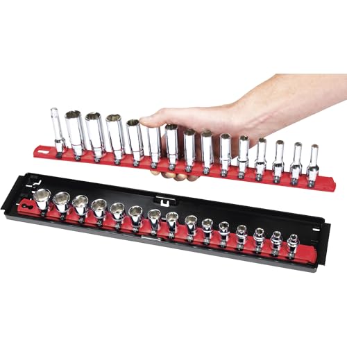 Image of Ernst Manufacturing - 8453 Socket Boss 2-Rail 3 /8-Inch-Drive Socket Organizer, 19-Inch, Red - Socket Storage Tray and Organization System for Mechanics and Automotive Service Technicians