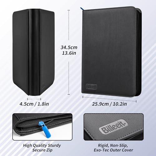 Image of Billeeit Zipper Trading Card Binder, 9 Pocket 540 Side-Loading Slots Card Album, Ringless Standard Size Card(2.5 inch x 3.5 inch) Protective Organize Folder, BLACK