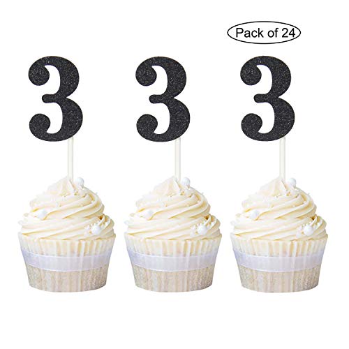 Newqueen Number 3 Cupcake Toppers Black Glitter 3Rd Birthday Cupcake Topper Baby Shower Anniversary Party Decoration Supplies 24 Pcs #TOP2
