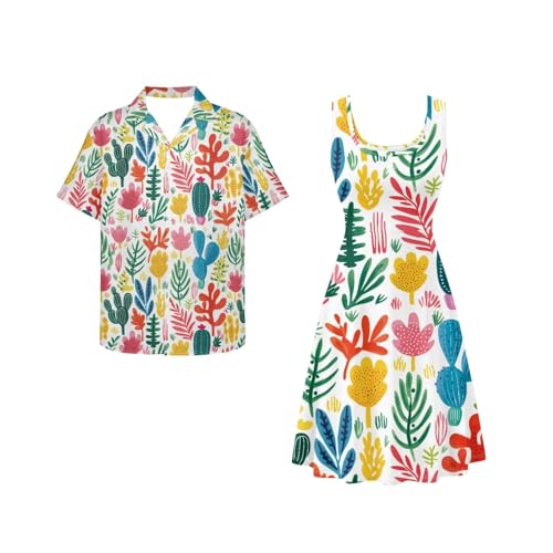 Image of Dreaweet Summer Dresses for Women A-Line Sleeveless Flowy Sun Dresses,Men's Casual Button-Down Shirts,Couple Matching Outfits