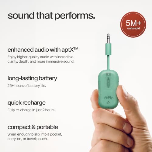Image of AirFly Pro 2 - Bluetooth Adapter for Airplane, Pair 2 AirPods or Wireless Headphones - 3.5mm AUX Bluetooth Transmitter for Cars, Boats, Treadmills, TVs- Airplane Travel Essentials, Mint Ice
