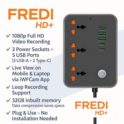 Image of FREDI HD PLUS WiFi Extension Board Camera 1080P | 32GB Inbuilt Storage | Live View on Mobile & Laptop | 24x7 Plug-in Recording | Power Strip Camera | Loop Recording | Indoor Home & Office Monitoring