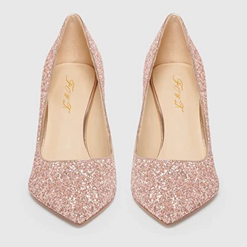 FOWT Women’s Crystal Rhinestone Glittering Pumps Stiletto Kitten Heels Pump Classic Pointed Toe Shoes Slip On Two Toned for Ladies Work Daily and Commuting,Size 4-16 M US2
