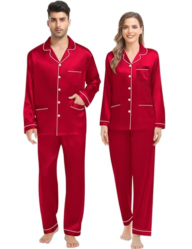 SWOMOG Couples Matching Pajamas Set Women & Men Satin Long Sleeve Sleepwear Soft Button Down Pj Set Silk Loungewear