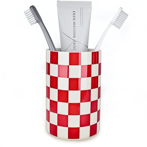 NAKOR HOME Ceramic Toothbrush Holder, Red Tooth Brush Holders for Bathrooms, Modern Cute Toothbrush Tumbler/Cup, Toothbrushes Toothpaste Dispenser for Countertop Storage, Checkered Bathroom Decor