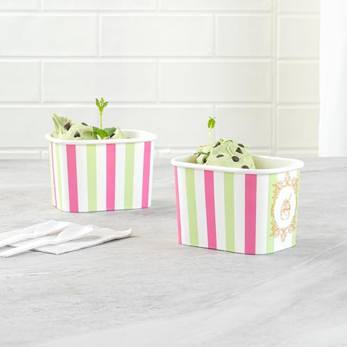 Image of Restaurantware Paper Cups 200 Count 12 Ounce Square Disposable Ice Cream Containers, Leak-Resistant Paper Dessert To Go Cups, Hot And Cold Food, Durable Green And Pink Stripe, Lids Sold Separately