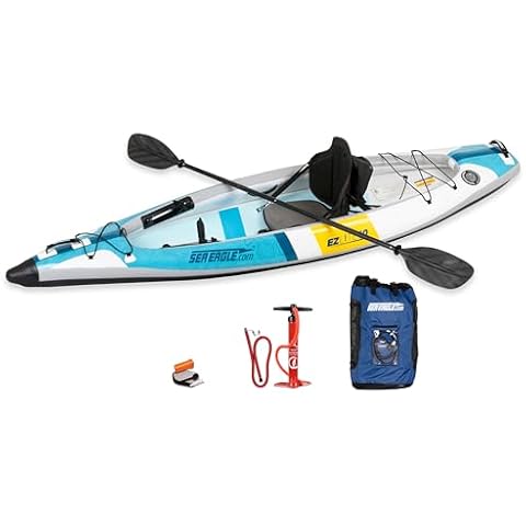 Sea Eagle EZLITE 10 Ultralight, All Woven, Drop Stitch, Rigid, High Performance, Easy Setup, 10' Solo Inflatable Kayak-Backpack, Seat, 4 Part 8' Paddle & Adjustable Footrests (EZLITE10 Pro Kayak) Cover