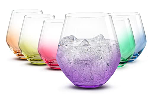 Stemless Wine Glasses (6 Pack - 18 Ounces) Colorful Drinking Glasses Highly Durable, Round Bowl Glasses For Wine, Red And White Wine Tumblers, European Made Cocktail Glasses, Stemless Wine Glass #TOP6