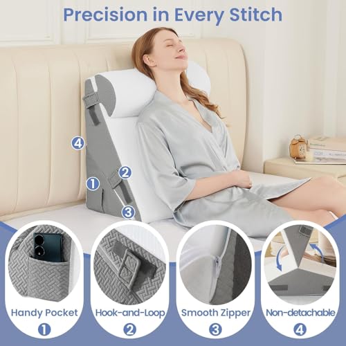 Image of Sasttie Wedge Pillow Set for After Surgery, 2PCS Adjustable Bed Wedge Pillow Headboard with Memory Foam Neck Cushion - for Acid Reflux, Sleeping, Neck & Back Support, Dark Grey & White