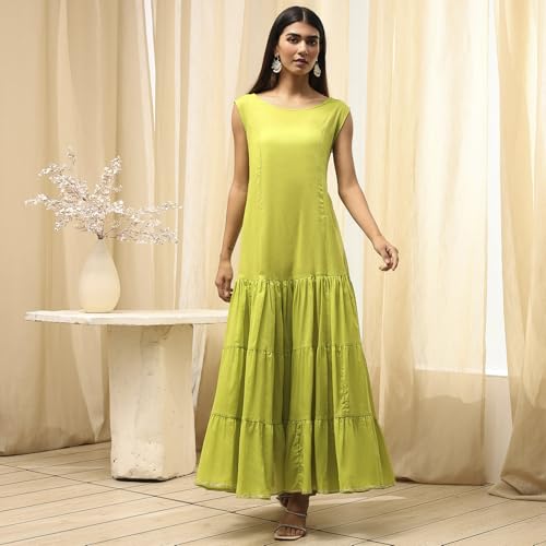 Image of Biba Women's Poly Chanderi 3 /4 Sleeves Calf Length Round Neck A-Line Casual Dress