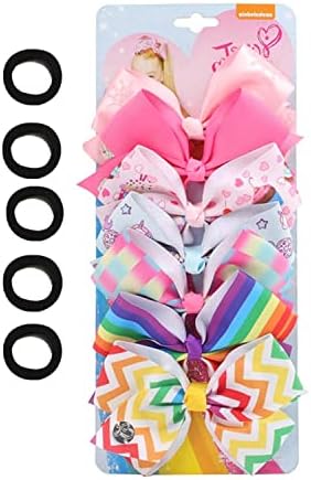 7pc 5" Large Hair Bows for Girls, JOJO Siwa Grosgrain Ribbon Hair Barrettes with Heart Emblem Accessories for Toddler
