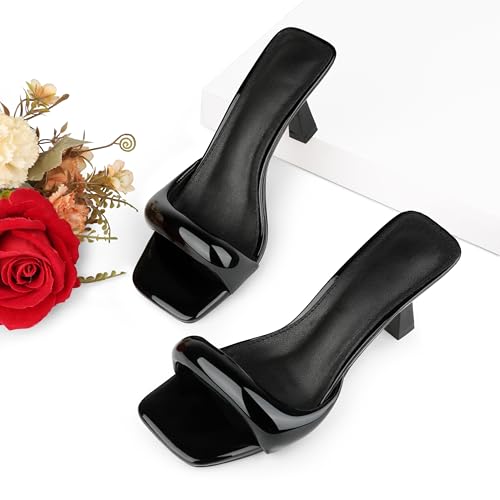 Image of Women's Kitten Heels Sandals 2.76 Inch Square Toe Stiletto One-Strap Heeled Sandals Slip-On Mule Heels for Women