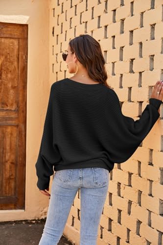 Fessceruna Damen Pullover Oversize Fledermausärmel Strickpullover Winter Rundhals Pulli Geripptes Sweatshirt(Schwarz, L)