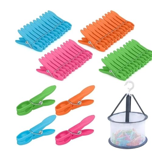 DIGNFENG 48 pcs Epingle a Linge en Plastique Colorées avec Panier, Pinces à Linge Extérieur Solides, Épingles à Linge sans Trace, Étendoir, Vêtements et Sacs