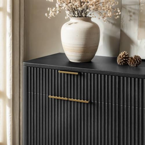 Image of Evermagin 67 inch Fluted Black Sideboard Buffet Cabinet with 3 Drawers | Modern credenza and console cabinet with storage for kitchen, living room, entryway or coffee bar, 67 inchW x 31.5 inchH x 15.7 inchD