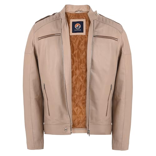 Men's Beige Leather Jacket | Slim Fit | Genuine Lambskin | Biker Style | Zip Pockets | Vintage Moto Fashion