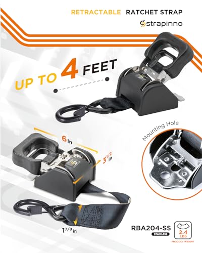 STRAPINNO 2pcs Stainless Steel Retractable Ratchet Straps Bundle (1 7/8-in x 4-ft Each), Bolt-On Tie-Downs - 2 Extra Mounting brackets & Bolt Set, Safety latch S-Hook, Breaking Strength 1,650LBS/750KG