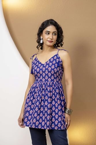 Image of Women's Printed Halter Neck Kurti Top | Sleeveless V-Neck Short Tunic with Back Tie-Up | Casual Ethnic & Summer Wear
