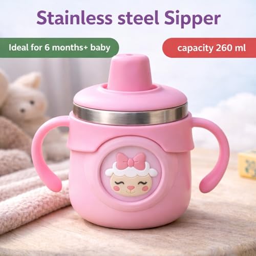 Image of THE LITTLE LOOKERS Stainless Steel Sipper Bottle 260ml | 316 Grade SS | BPA Free | Suitable for Hot & Cold | Travelling Bottle for Kids & Toddler | Training Sippy Cup with Straw /Spout (Pink)