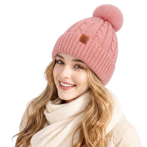 Image of SCCGKP Winter Beanie Hats for Women Double Layer Warm Hat Cable Knit Thermal Fleece Lined Beanie with Pom Pom for Cold Weather (Pink)