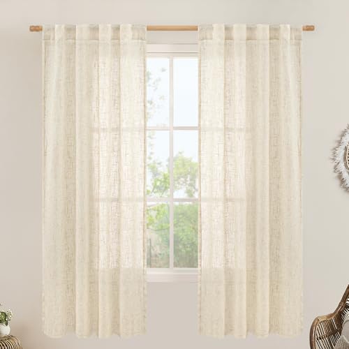LAMIT Semi Sheer Beige Linen Curtains 72 inch Length, Light Filtering Panels Back Tab and Rod Pocket Neutral Drapes for Bedroom/Living Room, Beige, 2 Panels, 34 x 72 Inch