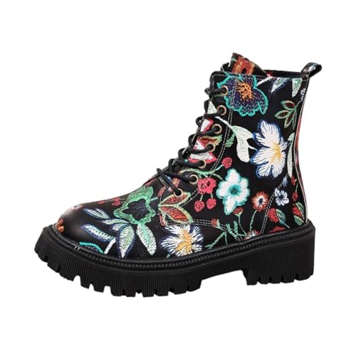 Women's Flowers Flat Ankle Boots Side Zipped Lace-Up Cowgirl Shoes Western Platform Winter Fall Combat Boots