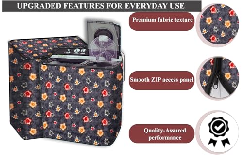 Image of The Furnishing Tree Polyester Waterproof Semi Automatic Washing Machine Cover Suitable for LG 9 Kg, 9.5 Kg & 10 Kg, Dimension DxWxH In Cms: ( 53.3x89x99 ), Floral Pattern Grey