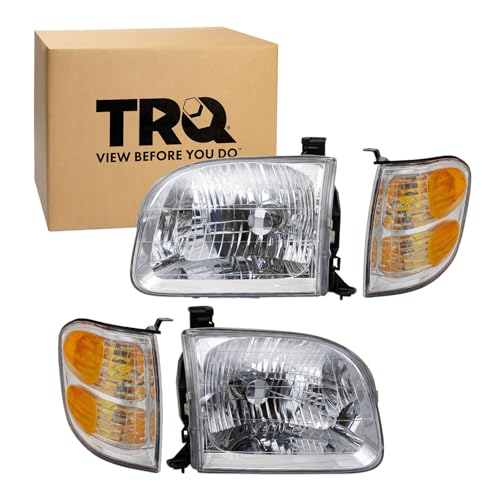 TRQ Driver and Passenger Side Headlight & Corner/Parking Light 4 Piece Kit Set Compatible with 2001-2004 Toyota Sequoia 2004 Toyota Tundra Crew Cab