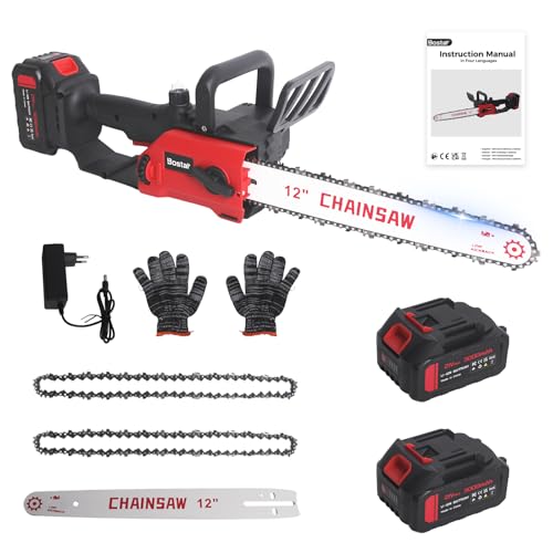 Bostar Motosierra de Batería 12 Pulgadas (30cm) con Motor Brushless, [2x 3.0Ah Baterías Incluidas] Compatible con Batería Makita 18V, Electrosierra con Lubricación Automática para Poda y Leña