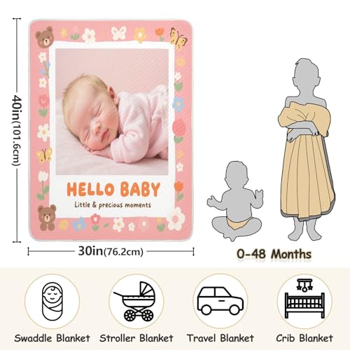 Custom Cute Baby Image Pink Bear Flower Blankets for Newborns Soft Personalize Photo tag Blankets for Girls or Boys 30x40in Manta de Algodon para3