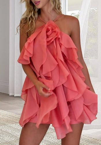 Women's Floral Dress Sexy Halter Ruffle Sleeveless Tiered Dress Elegant Party Dresses Clubwear3