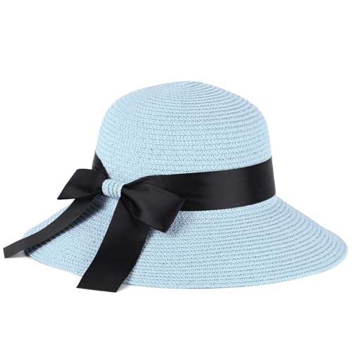 S.ROMZA Sun Strohhut für Frauen mit Windkordel Breiter Krempe Faltbare Strandhüte Damen UV 50 + Reiseschutz Sommerhut Visier Hut Bogen Knoten, hellblau, One Size