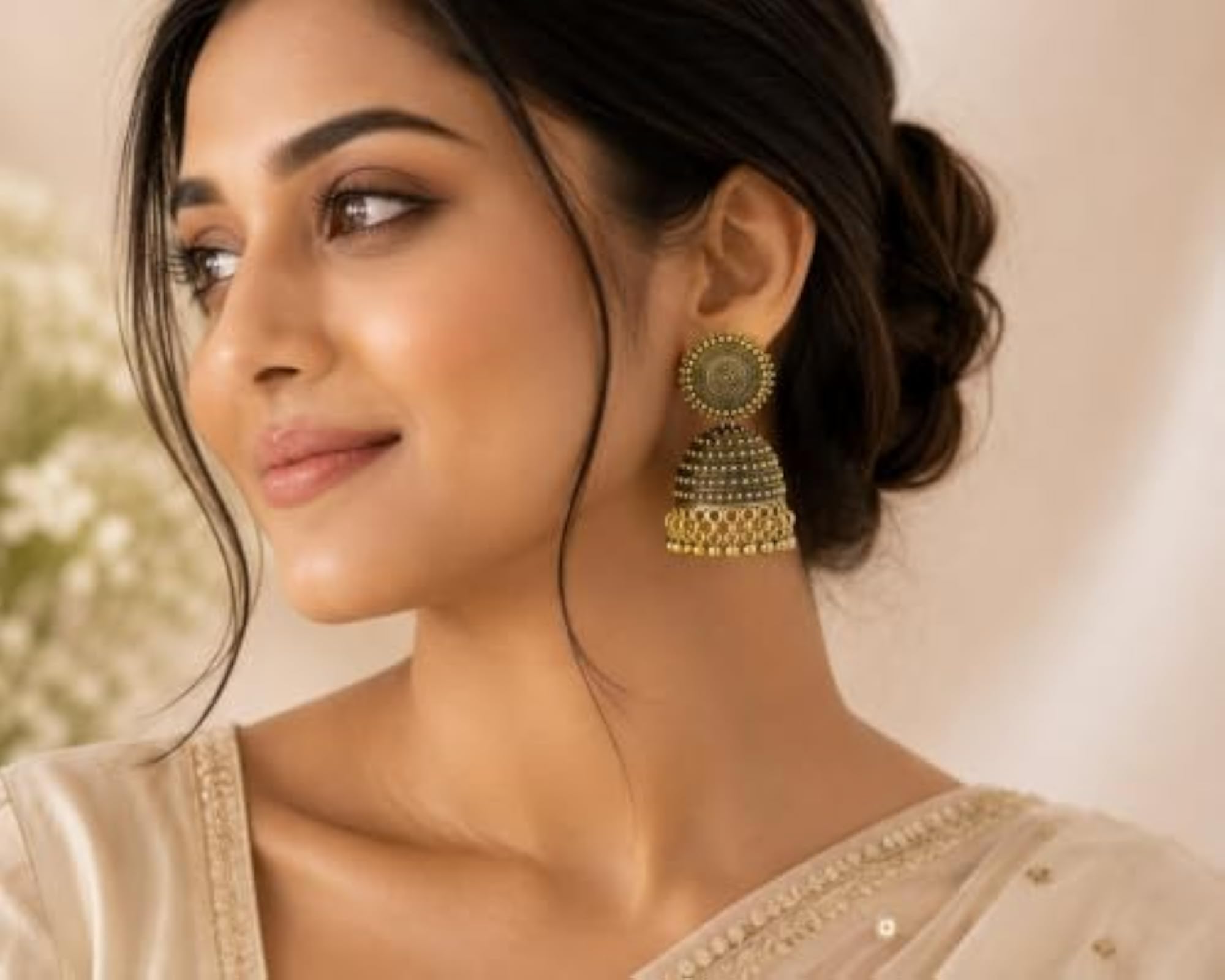 Women's Gold Oxidised Earrings, Traditional Design