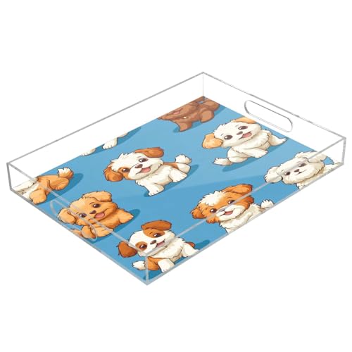 Msyxl Cartoon Dogs Serving Tray for Coffee Table, Decorative Acrylic Tray Cartoon Dogs Tray with with Handles for Breakfast, Ottoman, Countertop, 12x16 in