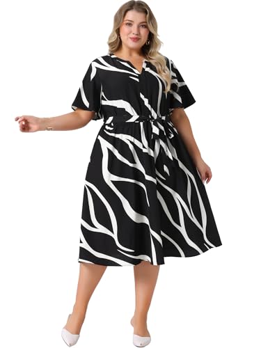 Agnes Orinda Plus Size Dress for Women Short Sleeve Notched V Neck Belt Summer Midi Dresses with Pockets3