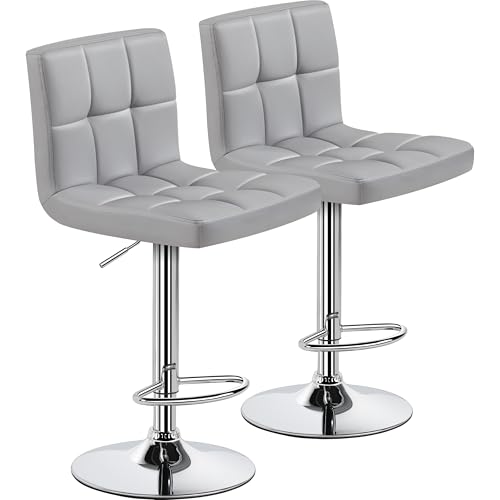 Image of Yaheetech Bar Stools Set of 2, PU Leather Adjustable Barstools, Modern Counter Stools with Back and Footrest, Counter Height Barstools for Bar, Kitchen, Dining Room, Light Gray