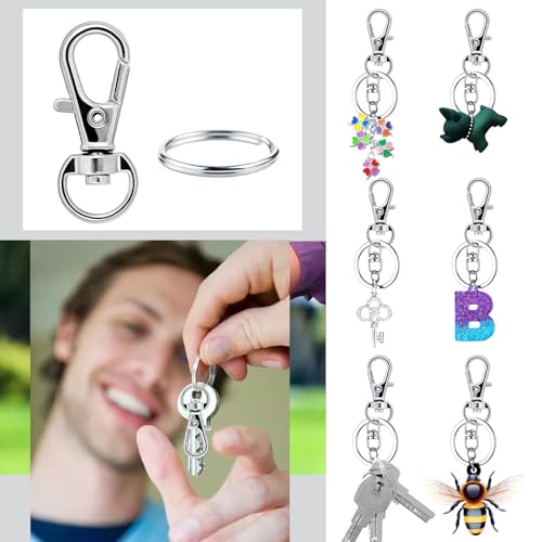 UIEHII 100 Stück Schlüsselringe Karabiner Schlüsselanhänger Ringe Basteln Selber Machen Karabinerhaken Klein mit Drehgelenk Schlüsselkarabiner Key Ring Metall für DIY Keychain Anhänger Basteln Silber