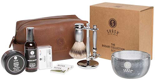 SHASH Bogart Collection Shaving Set, shaving Kit Silver - Includes Butterfly Razor, Silvertip Badger Brush, Stand, Pre-Shave Oil, Shaving Cream and Double Edged Blade- Premium Quality Brass and Chrome