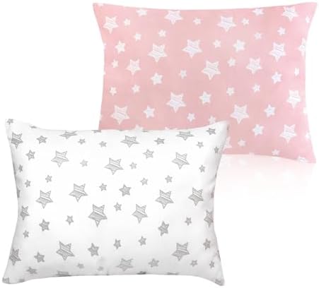 Biloban Toddler Pillow for Sleeping, Kid Pillow 14" x 19" for Small Travel Bed, Nap Pillows, Soft & Skin-Friendly Small Pillows for Sleeping, Toddler Use Only, Age 2 to 5, (White & Pink Star)