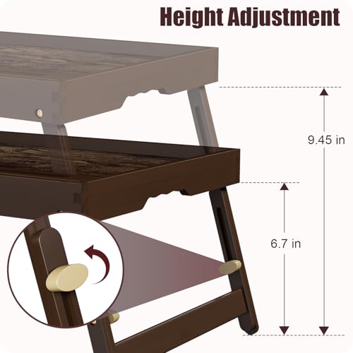 Image of Adjustable Bamboo Bed Tray Table with Device Stand, Large | Adjustable FSC-certified bamboo bed tray with telescopic legs and removable device stand for meals, laptops and reading.