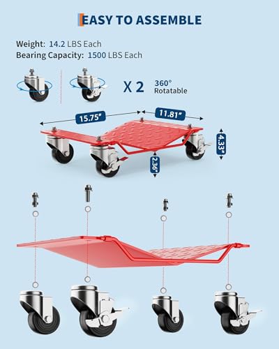 Heavy Duty Car Wheel Dolly Set of 4, 6000LBS Capacity Vehicle Mover with Dual-Lock Brakes, Automotive Dollies for Cars/Trucks/Trailers/Motorcycles, Red