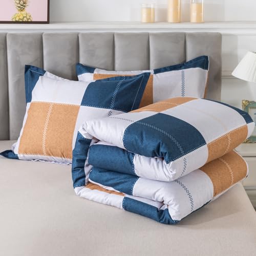 Image of Caressma Plaid Checkered Comforter Set Navy and Gray, Fluffy Geometric Grid Buffalo King Size 3 Pieces Comforter Set with Two Matching Pillow Shams