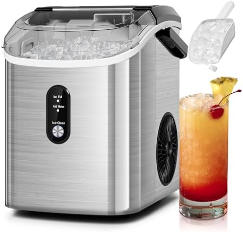 Antarctic Star Nugget Ice Makers Countertop with Self-Cleaning, 35lbs/24H, Portable Sonic Ice Maker Machine with Handle/Basket/Scoop for Home, Kitchen, Office, Camping(Stainless Steel Silver)