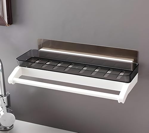 Image of XMART INDIA No Drilling Bathroom Storage Shelf with Towel Bar, Wall Mounted Storage Rack with Towel Holder, Self Adhesive Plastic Shelf for Shampoo, Soap, Cosmetics & Kitchen Use (2)
