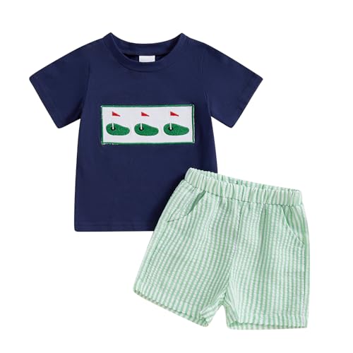 Mobbdow Toddler Baby Boy Clothes Golf Cart Embroidery Short Sleeve T-Shirt Top Gingham Seersucker Shorts Set Summer Outfits (H-Navy Green, 3-4T)